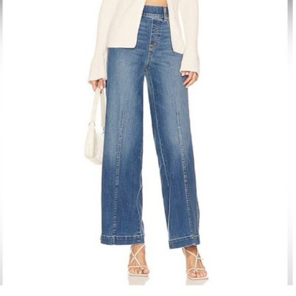 SPANX Seamed-Front Wide Leg Jeans - Blue Pull-On Shaping Denim - Size M - Picture 4 of 13